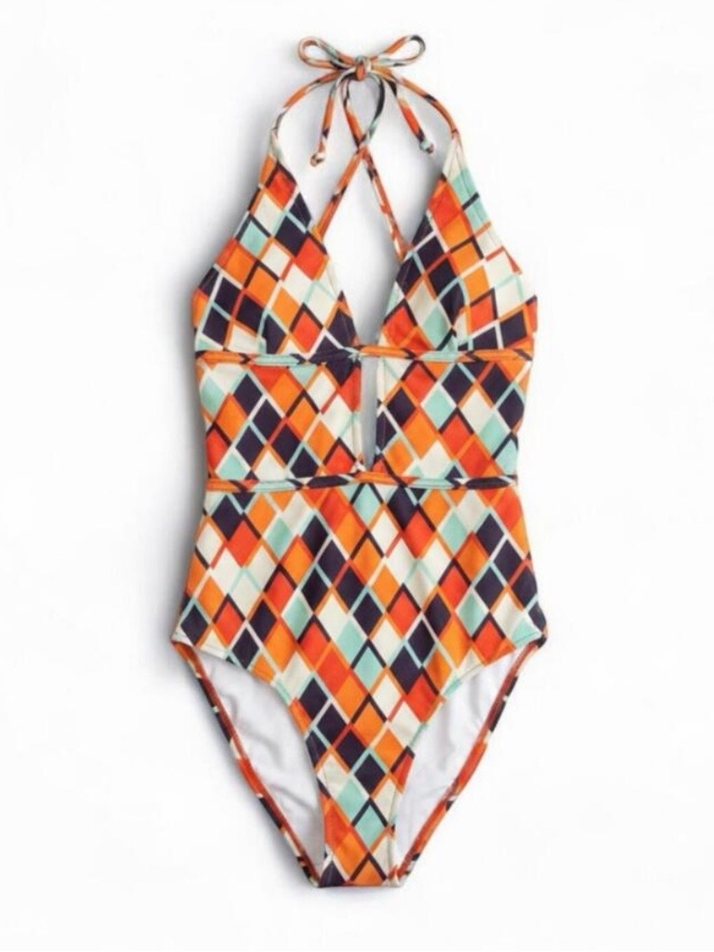 Cupshe Orange Teal Argyle Swimsuit Womens XX-Large